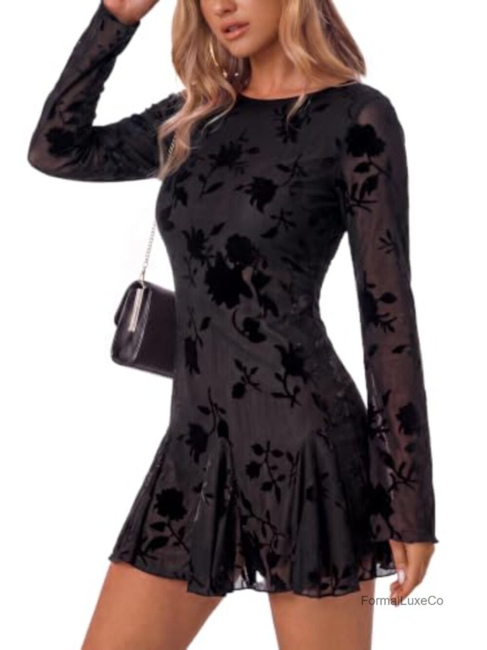 Womens Long Sleeve Mesh Floral Jacquard Bodycon A-Line Mini Dress Party